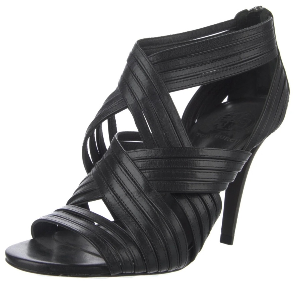 Black Leather Tory Burch Heeled Sandals, size 7